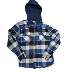 Brixton Bowery Flannel Hooded Shirt L Blue Plaid Button Up Skater Streetwear Y2K